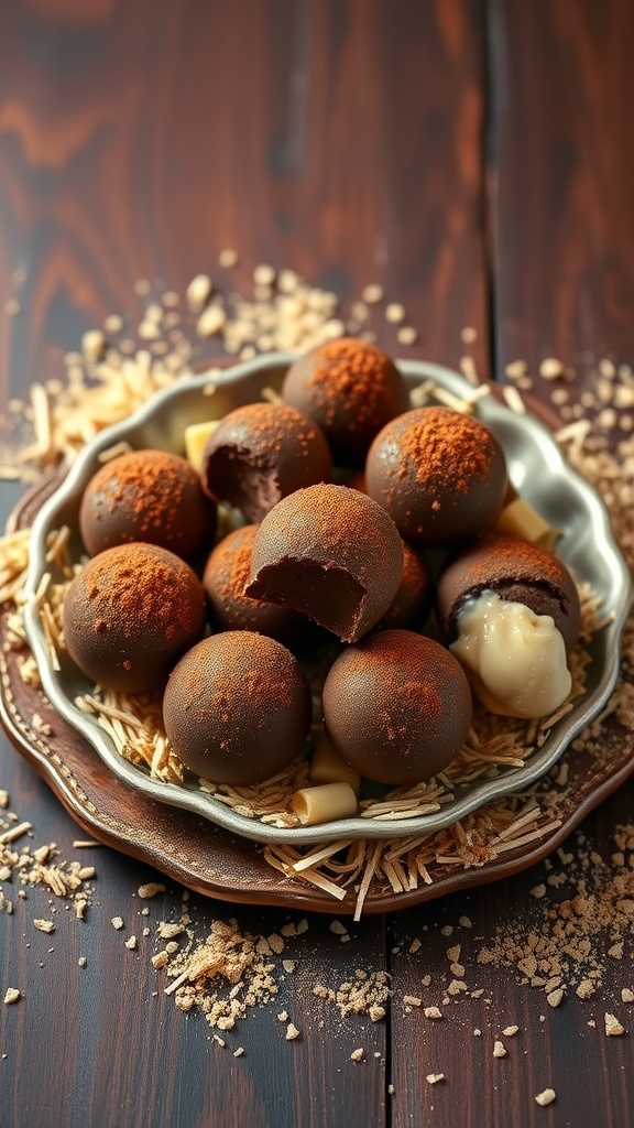 Luxurious Dubai chocolate truffles dusted with cocoa powder on a decorative plate.